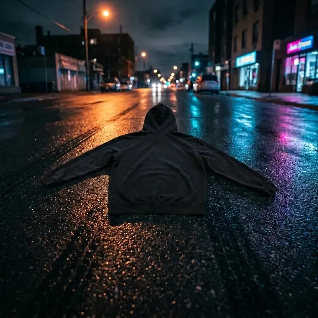 Hoodie noir posé sur une rue mouillée la nuit