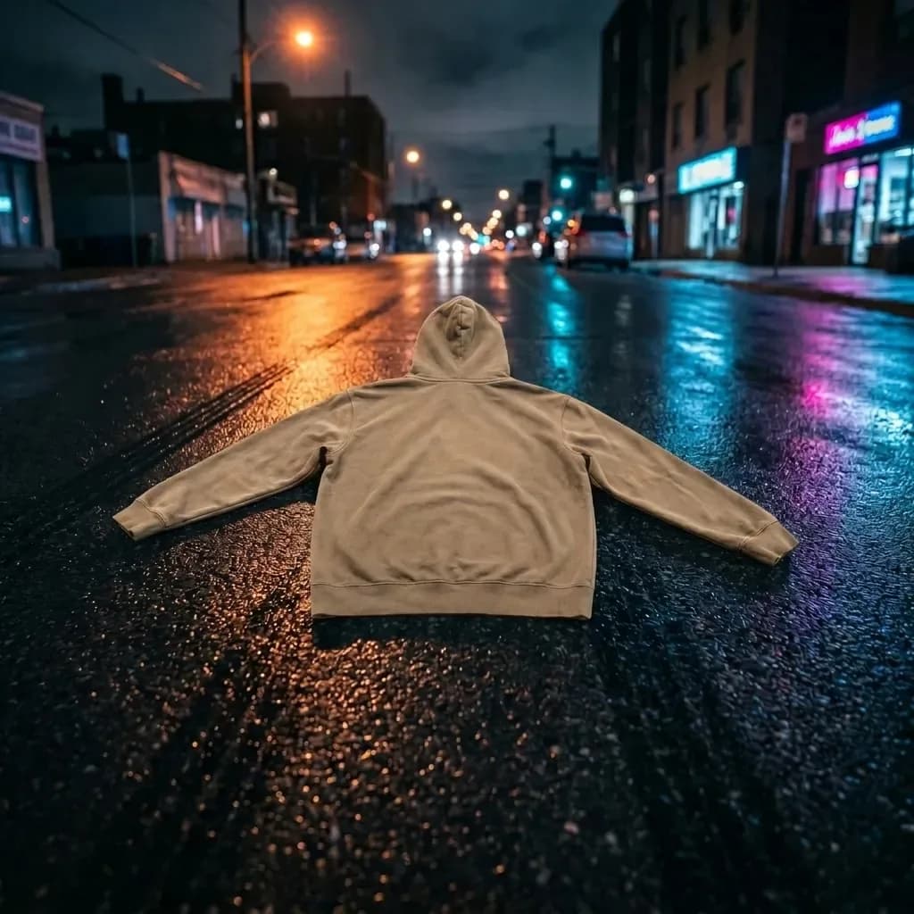 Hoodie sable posé sur une rue mouillée la nuit