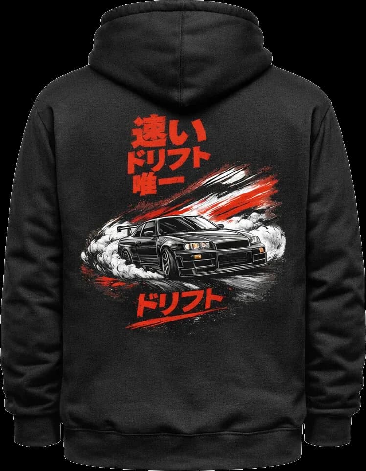 Hoodie noir, imprimé Skyline rouge au dos