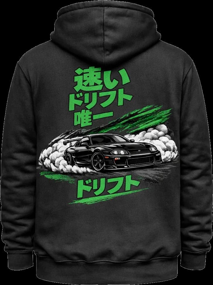Hoodie noir, imprimé Supra vert au dos